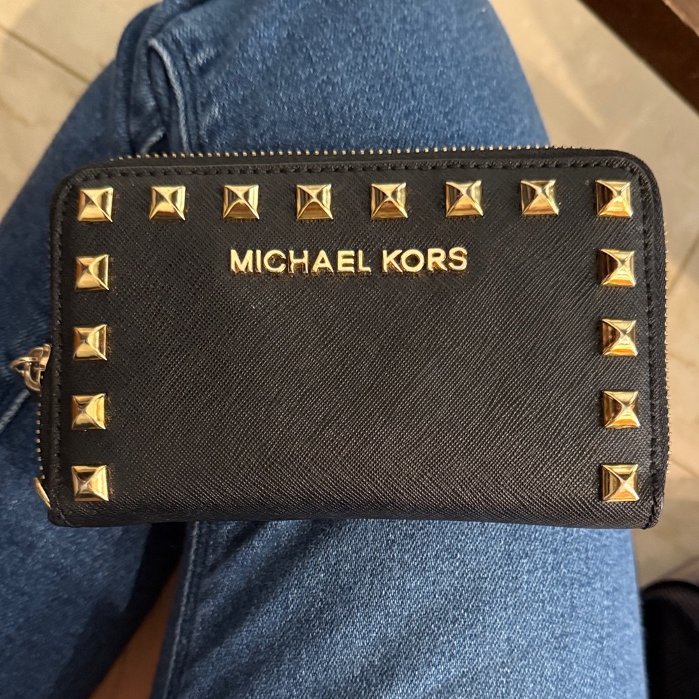 Michael Kors Black Zip Wallet with Gold Accents